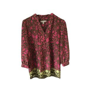 Banana Republic Size XS Blouse Pink Brown Floral 3/4 Sleeve Top V-Neck Tunic